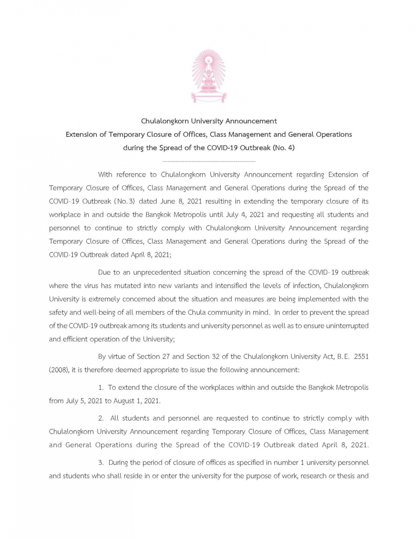 (01) Chulalongkorn University Announcement Extension of Temporary Closure of Offices, Class Management and General Operations during the Spread of the COVID-19 (No. 4)