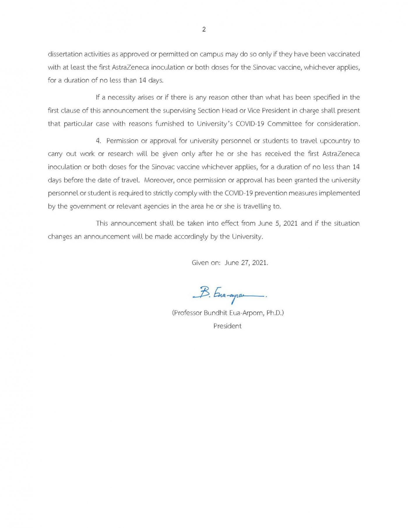(02) Chulalongkorn University Announcement Extension of Temporary Closure of Offices, Class Management and General Operations during the Spread of the COVID-19 (No. 4)