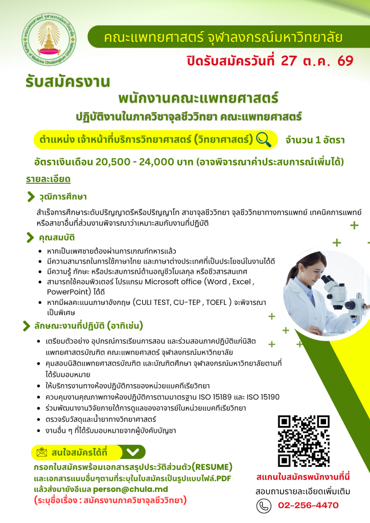 ประกาศรับสมัครงานภาควิชาจุลชีววิทยา - person mdcu